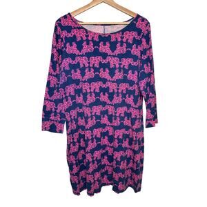 Lilly Pulitzer Navy Pink Elephant Print 3/4 Sleeve 100% Cotton Casual Dress XL